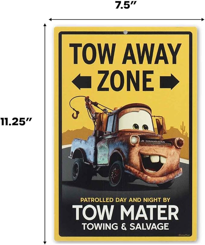Disney Pixar Cars Tow Mater Tow Away Zone Metal Wall Decor - Fun Cars Sign for Kids' Bedroom or Garage