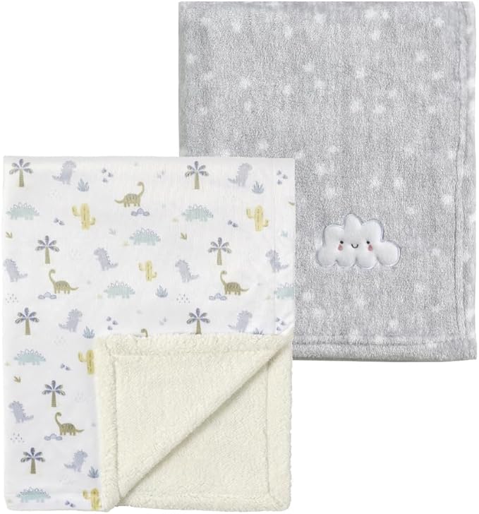 CREVENT 2Pcs 30''X40'' Cute Cozy Fluffy Warm Baby Blankets for Infants Toddlers' Bedding Crib Cot Stroller - Grey Cloud + Minky Dinosaur