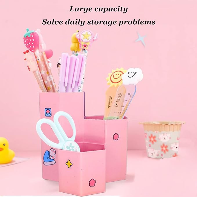 Desk Pencil Pen Holder, 3 Slots Desk Organizer, Office Supplies Accessory, Cute Desktop Storage Box for Home School Office Art Supply, Pencil Cup, Desktop Stationary Organizer (Pink)
