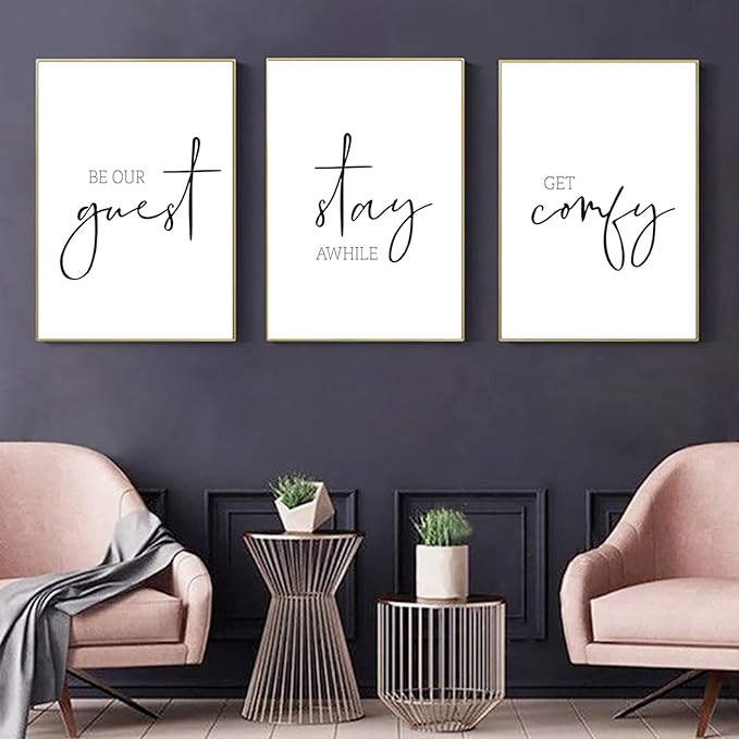Be Our Guest Wall Decor Guest Room Wall Art Decor Stay Awhile Signs for Home Decor Minimalist Wall Art over the Bed Sign Guest Bedroom Wall Decor Canvas Painting 12x16 Inch (set of 3) UNFRAMED