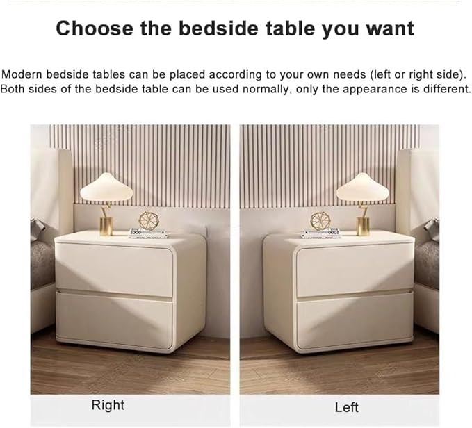 Modern Bedside Table, Solid Wood, Cream Leather, Luxury Night Stand with 2 Drawers (Khaki, Right)