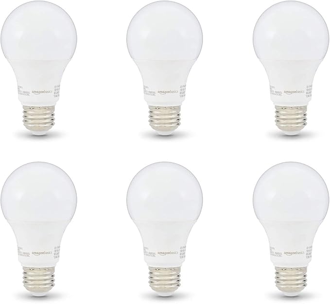 Amazon Basics Non-Dimmable LED Light Bulbs, Great Brightness, 40W Equivalent, 6W, E26 Standard Base, 2700K, 10,000 Hour Lifetime, Soft White A19, 6-Pack