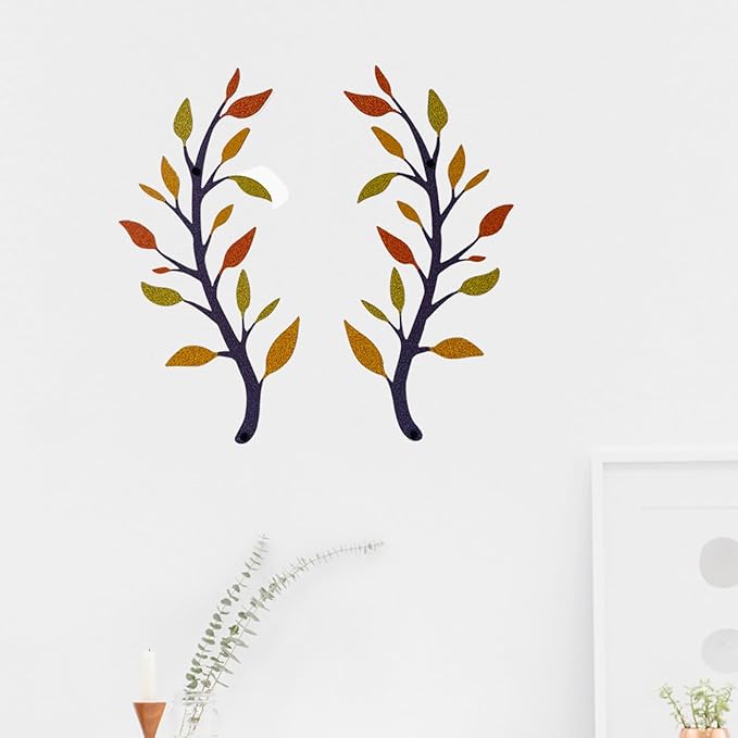 Yuzhuo 2 Pieces Metal Tree Leaf Wall Decor Branch Leaf Wall Art for Home Bedroom Living Room Iron Scroll Above The Bed Decorations (Yellow Orange, L)