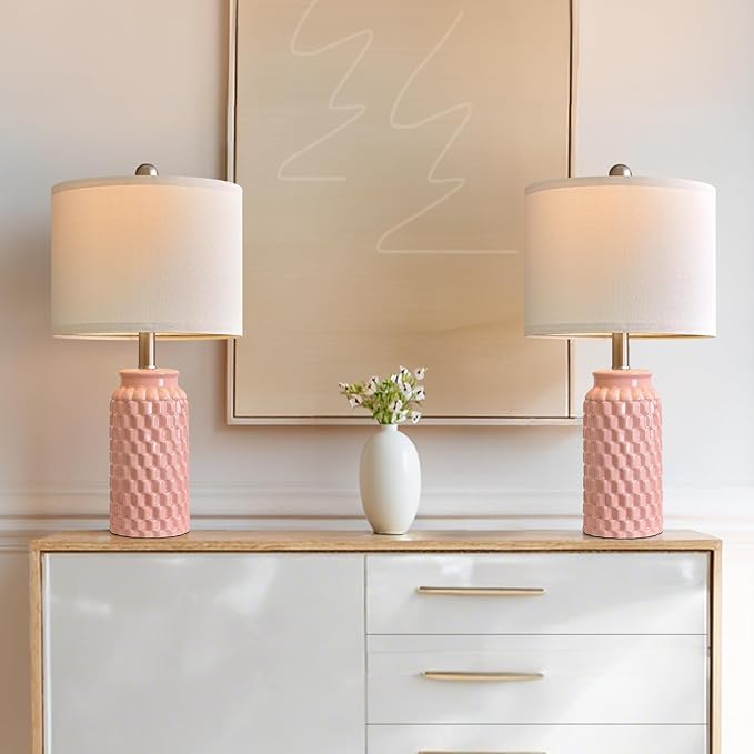 20.5" Small Bedside Lamps Set of 2 with 5FT Cord, Pink Ceramic Modern Farmhouse Table Lamps for Nightstand, Living Room, Bedroom, 3D Honeycomb Stylish End Table Lamps(Bulb Not Included)