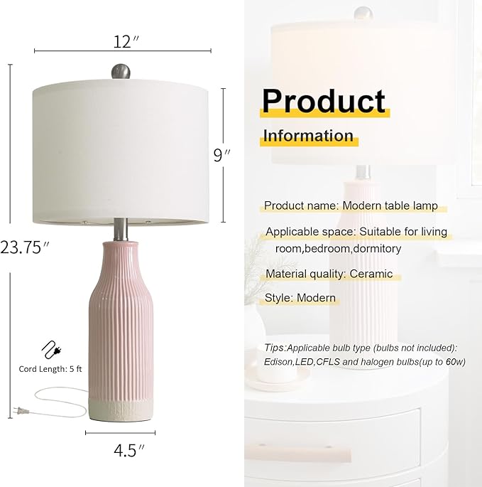 23.75inch Pink Modern Ceramic Bedside Lamp Set of 2 with 5FT Cord for Bedroom Decor Farmhouse Table Lamp for Living Room Office Dorm