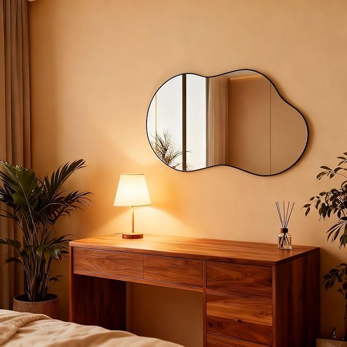 Itrue 26×46 Inch Irregular Wall Mirror, Brushed Black Metal Frame Asymmetrical Bathroom Vanity Mirror, Silver-Backed HD Tempered Glass Mirror for Over Sink, Living Room, Entryway
