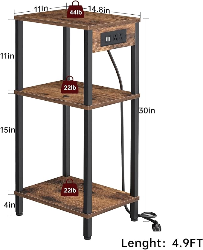Side Table with Charging Station, Tall End Tables Living Room, 30 Inch Skinny Night Stand with Storage, Small Bedside Tables for Bedroom, Office, Dorm, Hallway, Rustic Brown