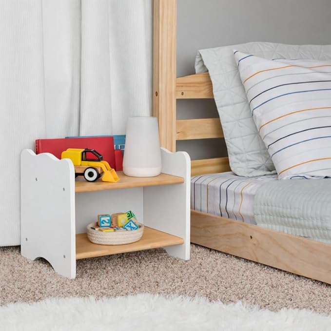 Ocodile Kids Nightstand for Floor Beds, Solid Wood Small Bedside Table with Book Pocket, Low Tiny Nightstand for Nursery, Toddler & Kids Room, Montessori Style Side Table - White