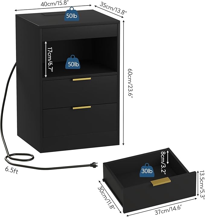 Yusong Night Stand, Bedside Table, LED Nightstand with Charging Station, Modern Night Stand, Wood Sofa Couch End Side Table with 2 Pull-Out Shelf (Black)