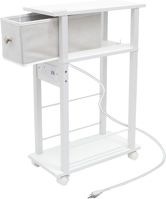 Narrow Side Table (1PC) - White End Table with Charging Station Drawer & 4 Wheels, Personalized Mobile Storage Nightstand for Bedroom Living Room (1 AC + 2 USB Ports)