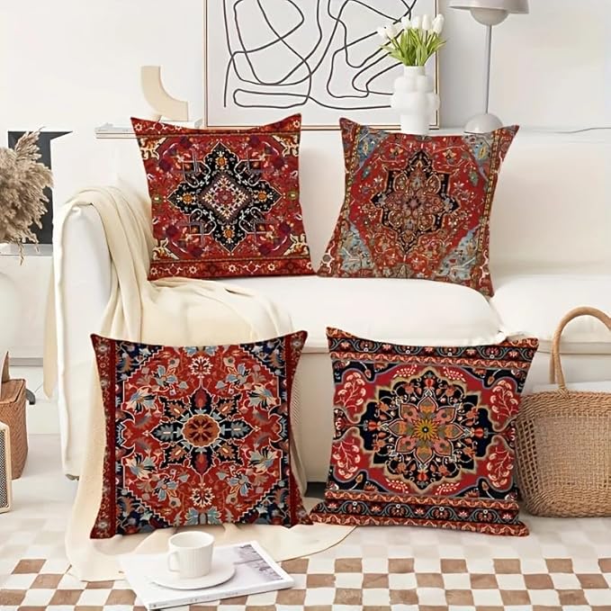4pcs, Bohemian Ethnic Style Carpet Pattern Throw Pillow Covers, Printed Throw Pillowcase, Throw Pillow Covers Decor, Home Decor, Bedroom Decor, Living Room Decor, 18x18 Pillows Linen Pillowcase