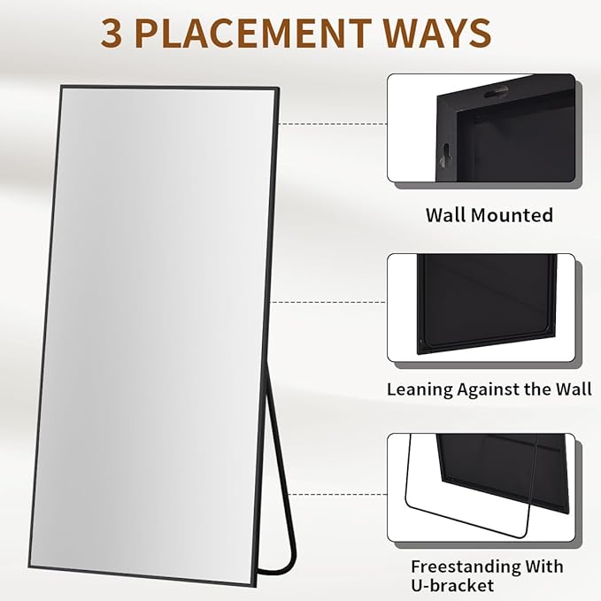 VooBang Large Full Length Mirror 78" x 35" - Shatterproof Floor Full Body Mirror with Aluminum Alloy Frame, Freestanding, Hanging, or Wall-Leaning, for Bedroom, Living Room, Dressing Room, Black