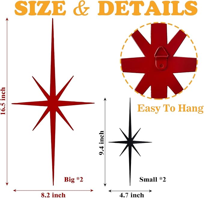 sxnzequnze 4 Pack Metal Star Wall Art 8 Pointed Starburst Wall Decor Set with 2 Large & 2 Small Pieces Mid Century Celestial Metal Wall Sculpture for Bedroom Living Room Office Gallery Wall