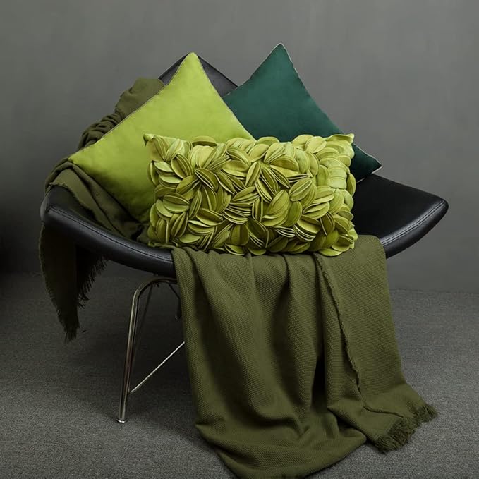KINGROSE 3D Flower Throw Pillow Cover Floral Decorative Pillowcase Soft Cushion Cover for Bed Couch Sofa Living Room 12 x 20 Inches Velvet Green