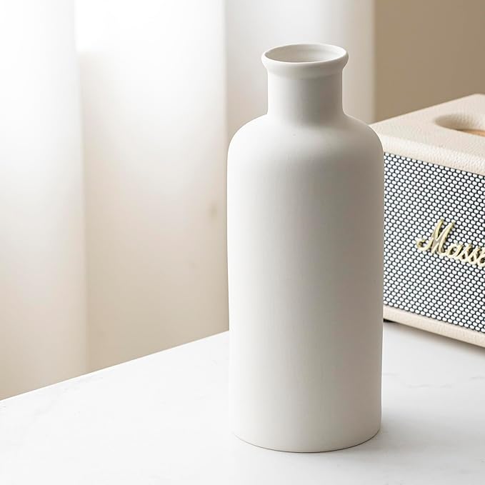 White Ribbed Ceramic Vase for Flowers, Modern Textured Decorative Vase, 10 Inch Tall, Farmhouse Style Home Decor (Nature White)