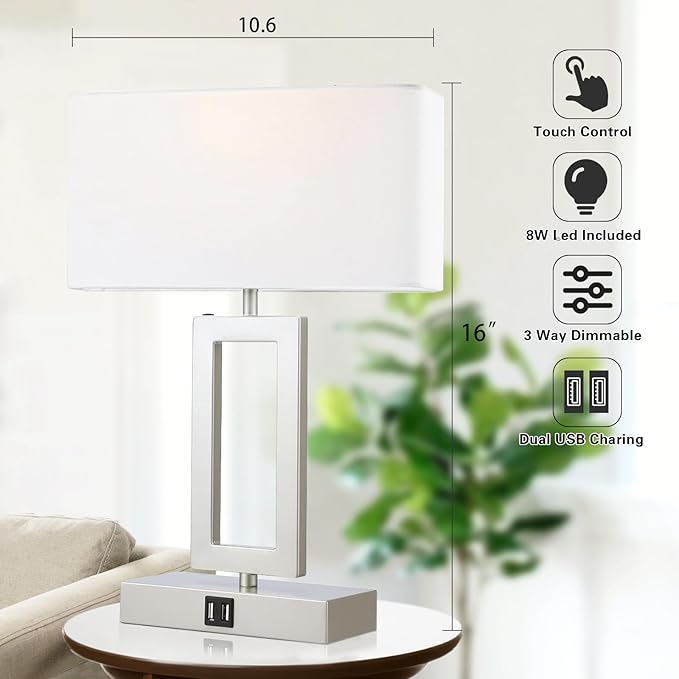 Silver Table Lamps Set of 2 with Dual USB Ports,3-Way Dimmable Touch Control Bedside Lamps,Modern Bedroom Table Lamp for Living Room,Nightstand LED Bulbs Included