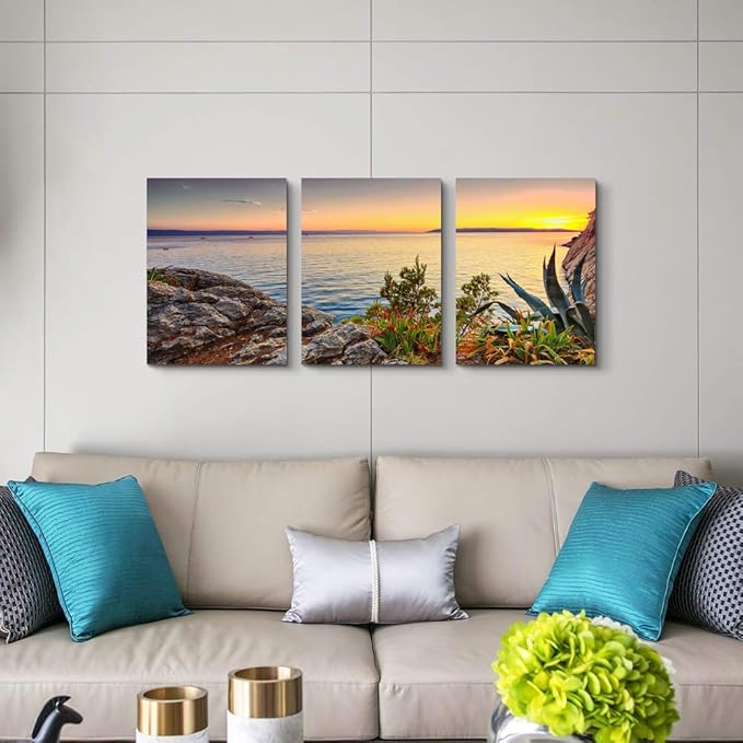 TTHYUEWS Wall Art For Living room beach sunset landscape Wall Decor for artwork Painting 16" x 24" 3 Pieces Canvas Prints For bedroom Decor Modern Salon kitchen office wall Painting Home decorations