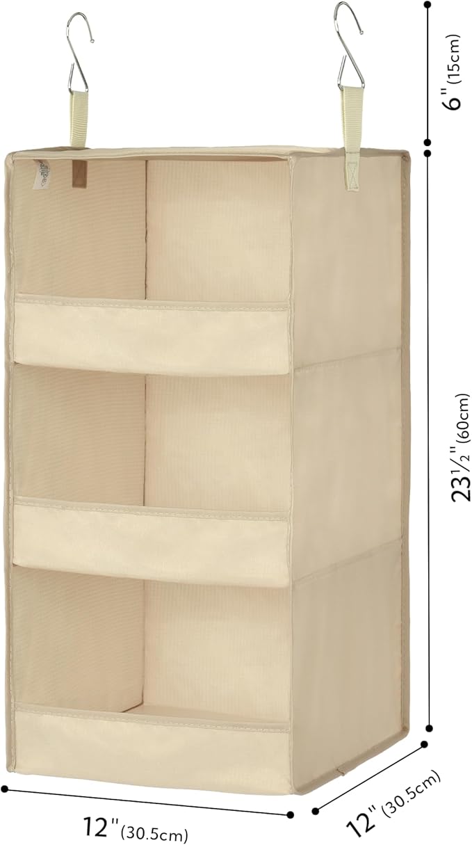 GRANNY SAYS 3 Shelf Hanging Closet Organizers and Storage, Collapsible Closet Storage Organizer with 2 Metal Hooks, Leak-Proof Hanging Shelves for Wardrobe, RV Camper, Locker, 2 Pack, Khaki