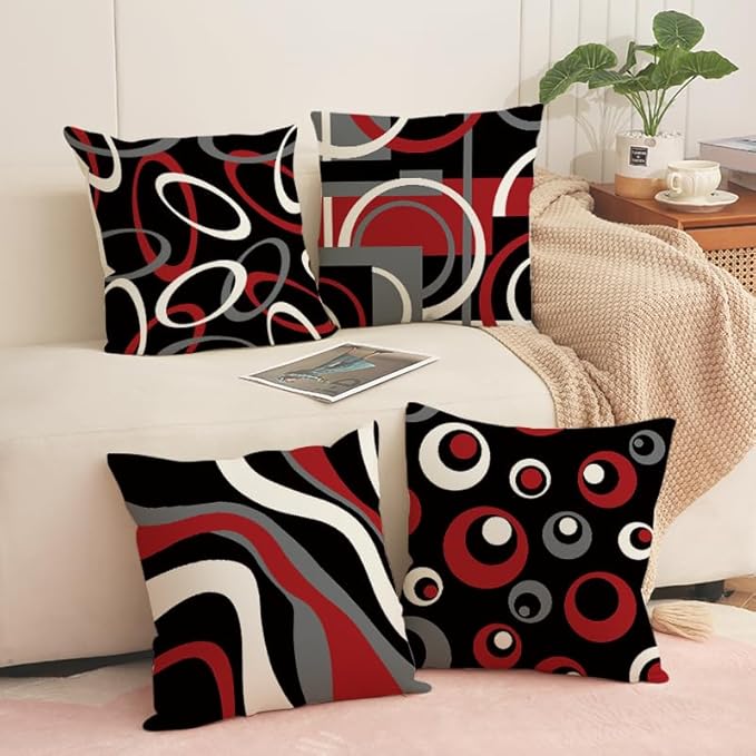 Black and Red Throw Pillow Covers 18x18 Set of 4 Grey Modern Abstract Geometric Decorative Pillow Covers Circle Pattern Pillowcases Decor for Couch Sofa Bedroom Outdoor