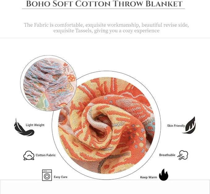 Boho Throw Blankets for Bed Couch, 100% Cotton Soft Cozy Mexican Blanket Rustic Quilt 60"x80",Lightweight Reversible Muslin Farmhouse Decor Blankets for Armchair,Picnic,Sofa