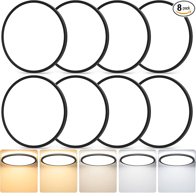 8-Pack Dimmable Flush Mount LED Ceiling Light Fixtures, 12Inch Black Ceiling Lamp 2700K/3000K/4000K/5000K/6500K 5 Color Selectable, 24 Watt 3200LM Low Profile Ceiling Light for Kitchen Bedroom Hallway