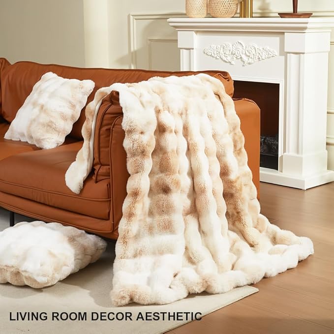 Soft Faux Rabbit Fur Throw Blanket Luxury Super Comfy Double Sided Ultra Cozy Thick Warm Fluffy Blanket for Couch Chair Sofa Bed Living Room Camping, Plush Fuzzy Bubble Blanket, 970 GSM, 50''x60''