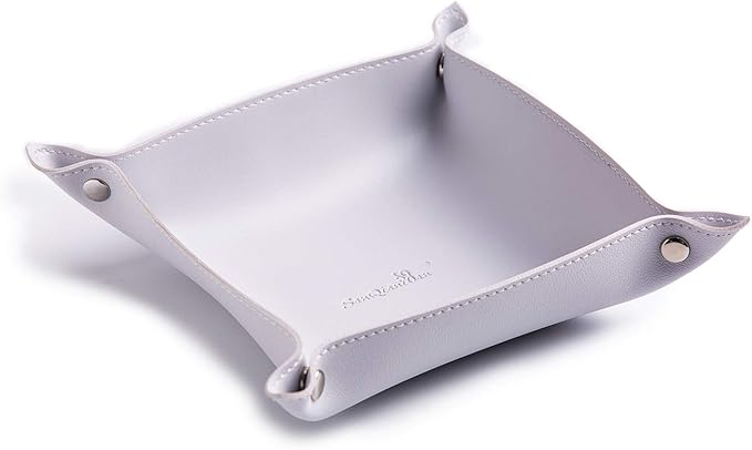 SANQIANWAN Leather Jewelry Valet Tray for Women and Man, Entryway Table Bedside Nightstand Desk Portable Small Catchall Travel Dish Plate for Key,Wallet,Watch,Coin(Grey White-B)