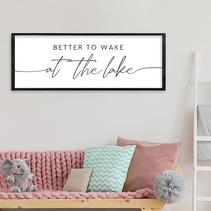 comurdyo Better To Wake At The Lake Above Bed Wall Art Decor 32"×12" for Lake House Bedroom Over Bed Sign Wood Framed Large Wall Hanging (Black)