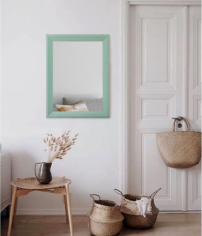 AAZZKANG Wood Framed Mirror Rectangle Modern Farmhouse Wall Mirrors Decor Large 20"x16" for Bedroom Living Room Bathroom Dressing Room Green