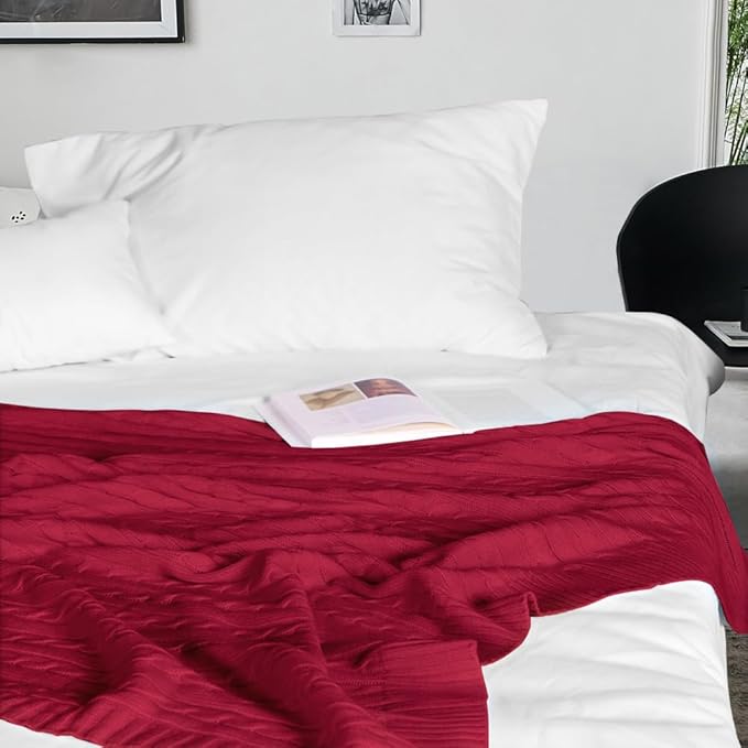 NTBAY 100% Pure Cotton Oversize (60x80) Cable Knit Throw Blanket, Super Soft Warm Knitted Throw Blanket for Bed, Sofa, Chair, Couch - Extra Cozy, Machine Washable, Comfortable Home Decor, Red