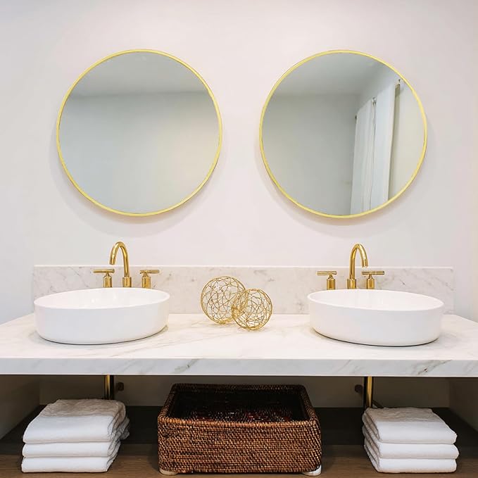 Gold Round Mirror 24 inch, 2 Pack Gold Circle Mirror, Round Bathroom Mirrors Metal Frame for Bathroom, Bedroom, Living Room, Hallway.