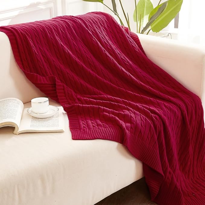 NTBAY 100% Pure Cotton Oversize (60x80) Cable Knit Throw Blanket, Super Soft Warm Knitted Throw Blanket for Bed, Sofa, Chair, Couch - Extra Cozy, Machine Washable, Comfortable Home Decor, Red