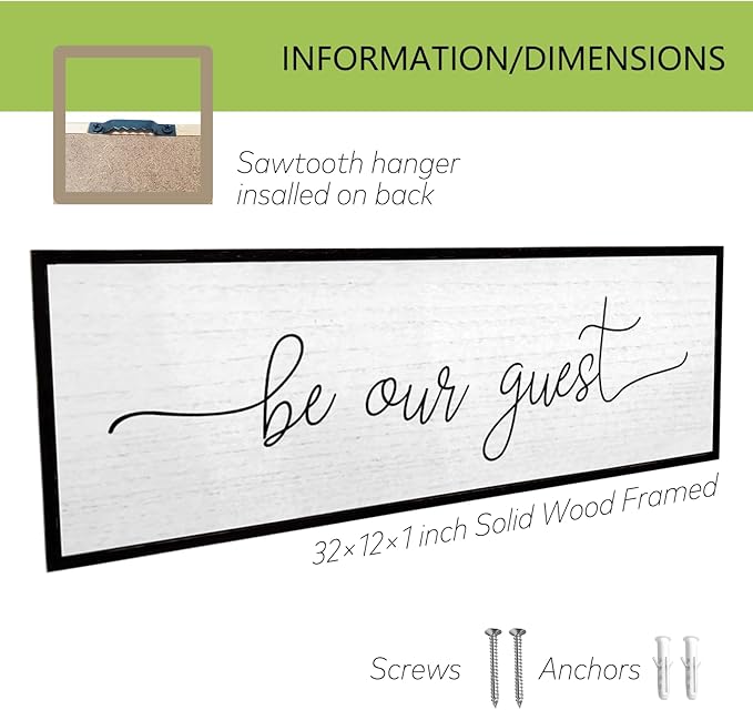 Be Our Guest Wall Decor Sign 32''×12'' Large Rustic Farmhouse Family Guest Room Bedroom Above Bed Vintage Framed Wooden Wall Art Modern Signs Simple Entryway Hanging Decoration (Black)
