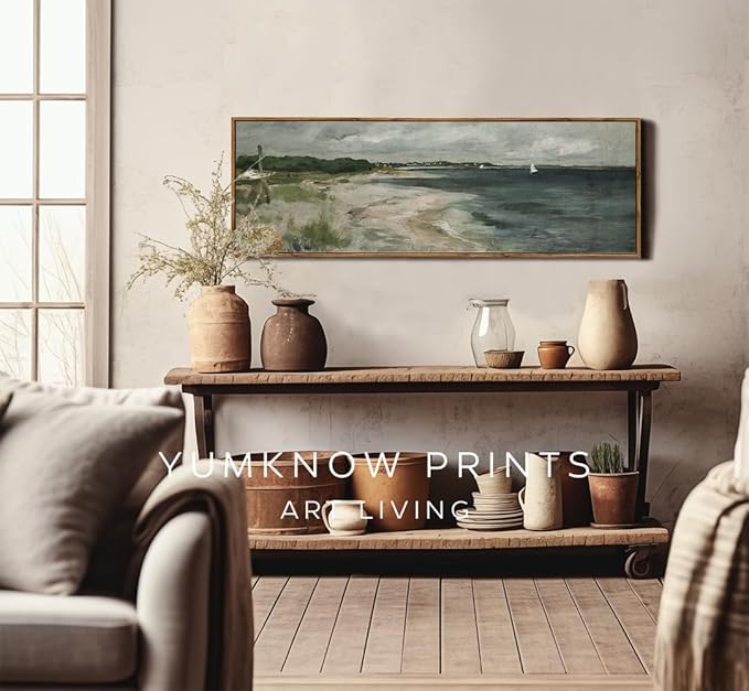 Framed Canvas Wall Art for Bedroom - Long Horizontal 13.5x40" Above the Bed - Vintage Farmhouse French Country - Muted Abstract Coastal Ocean Boat Moody Seascape - Cottagecore Master Guest Room Decor