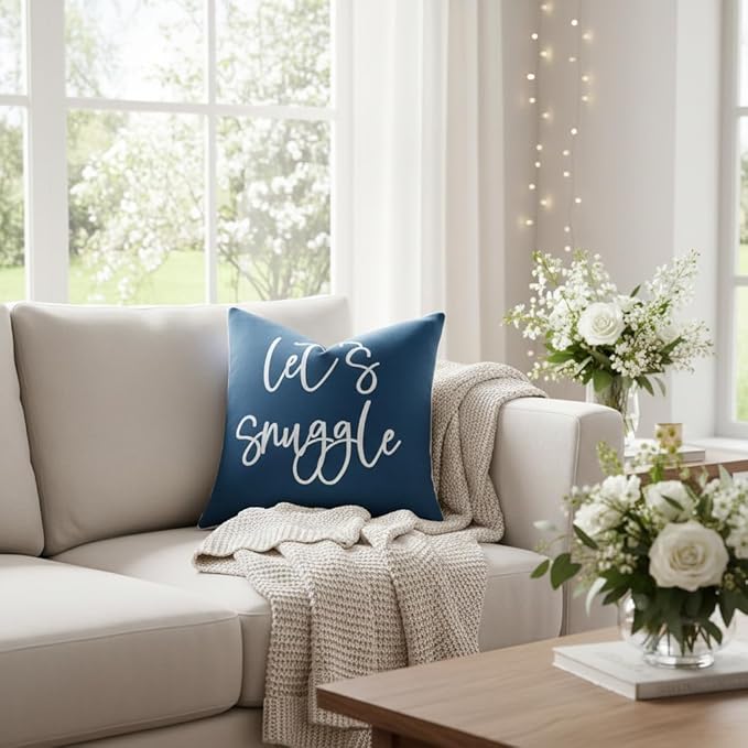 Sunkifover Let's Snuggle DecorativeThrow Pillow Cover - 18" x 18" Blue and White Cotton Embroidery Square Throw Pillowcase for Bed, Bedroom, Living Room, Home Decor