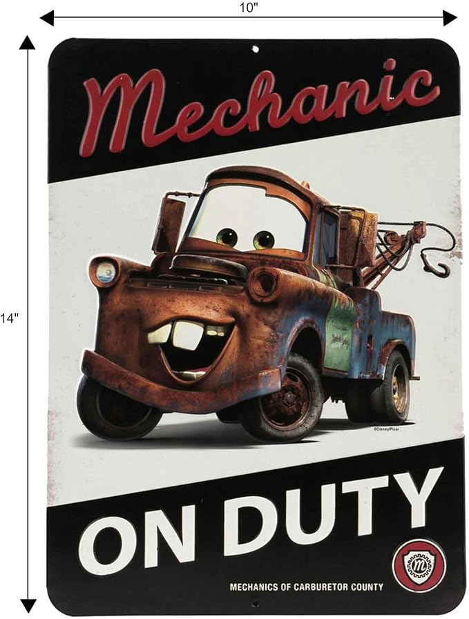 Disney Pixar Cars Tow Mater Mechanic On Duty Embossed Metal Sign - Vintage Tow Mater Sign for Bedroom or Garage
