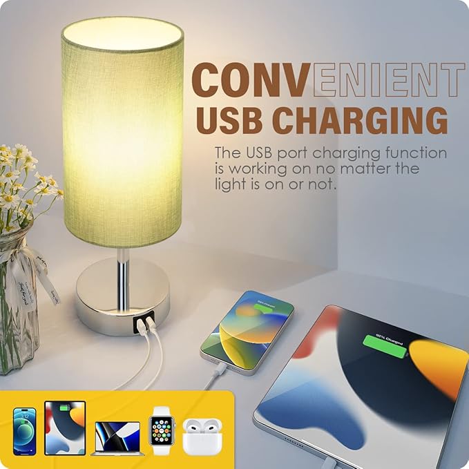 Yarra-Decor Bedside Lamp with USB Port - Touch Control Table Lamp for Bedroom 3 Way Dimmable Nightstand Lamp with Round Denim Fabric Shade for Living Room, Dorm, Home Office (LED Bulb Included)