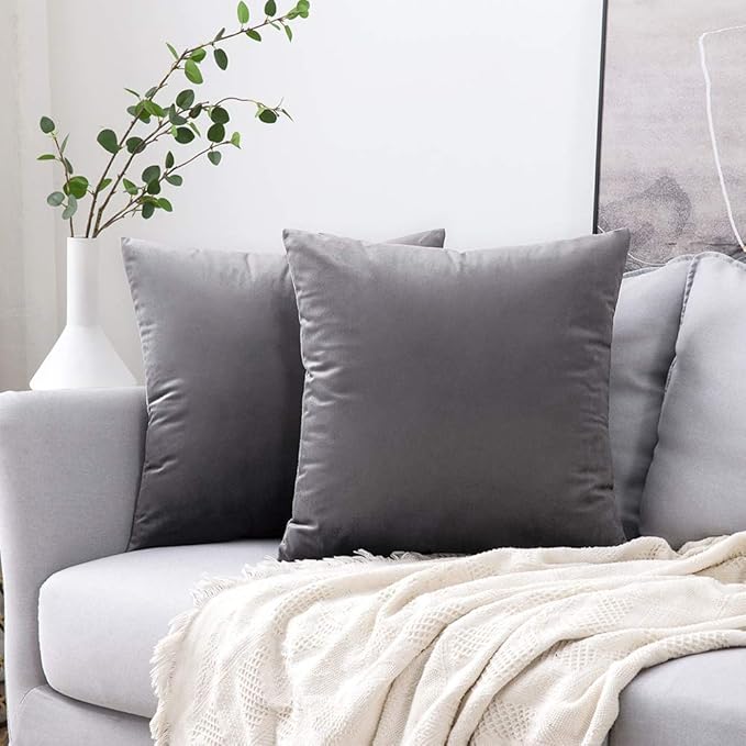 MIULEE 24x24 Inch Euro Sham Velvet Pillow Covers, Set of 2 Large Square Decorative Pillows -Dark Grey Super Soft for King Bed, Sofa, Couch, Accent Chairs with Hidden Zipper
