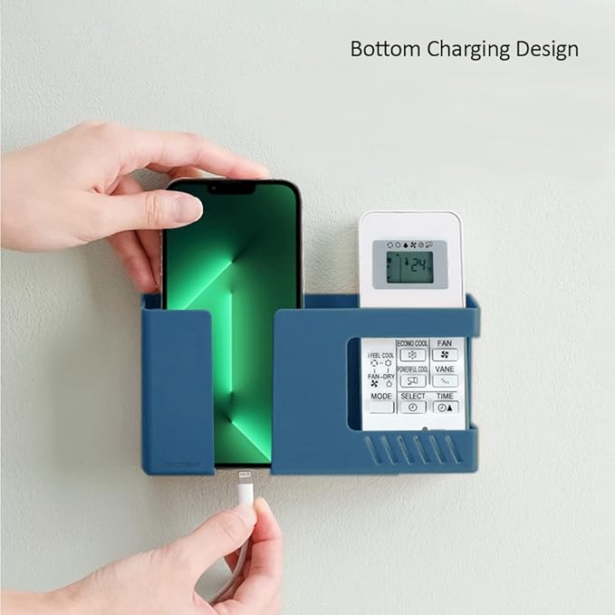 Strong Adhesive Wall Mount Phone Holder D3 Punch-Free Bedside Phone Shelf with Charging Port, Sticky Remote Control Storage Box, Bathroom & Kitchen Wall Organizer (2 Pack-Blue)