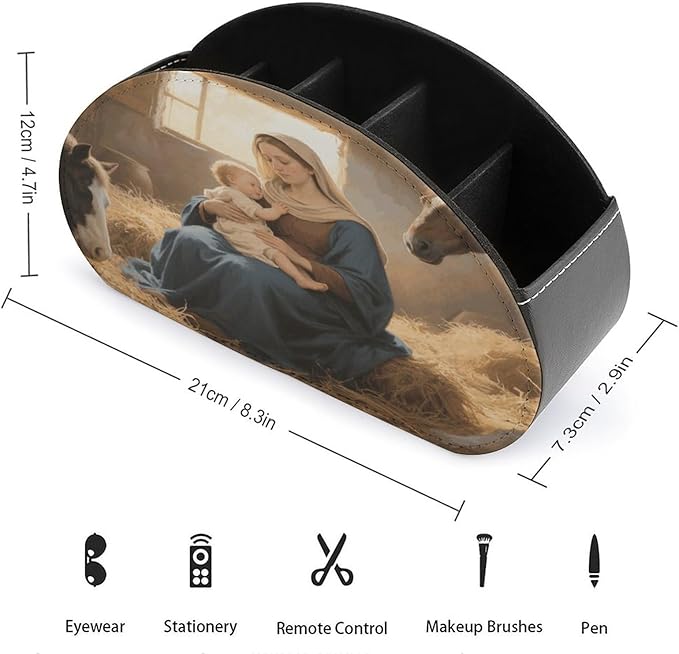 Virgin Mother Mary Remote Control Holder Organizer Box with 5 Compartment PU Leather Bedside Storage Caddy Remote Organizer for Controller Media Player Pen/Pencil Storage