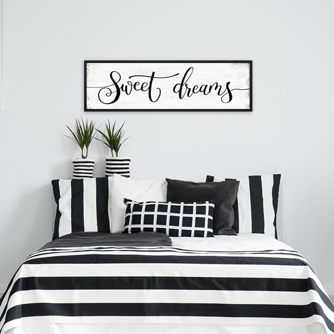 Sweet Dreams Wall Decor Above Bed: Wall Art Bedroom Sign - Guest Room Decor - Master Bedroom Farmhouse Decoration Rustic Black Frame Hanging 12 × 40 Large