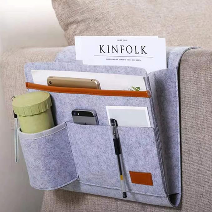Bringsine Bedside Caddy, Felt Bed Storage Organizer Hanging Bag Holder with 5 Pockets for Magazine Book Phone Tablet iPad Cables Remote & Water Bottle Holder Home Dorm Bed Sofa-Light Gray