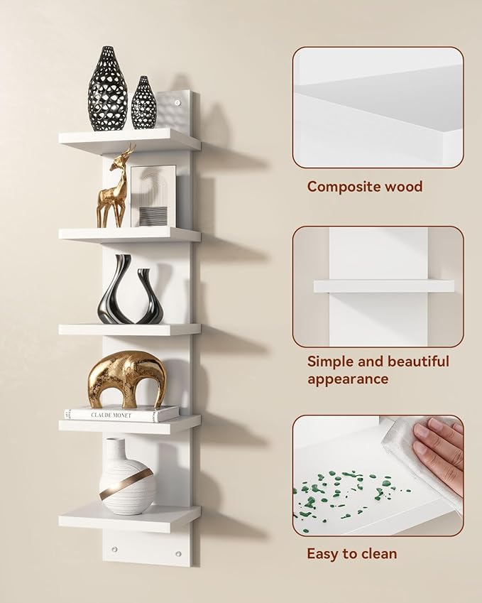IBUYKE 5 Tier Wall Shelf Unit,White Vertical Shelf,Floating Storage Wall Shelf,Organizer Tall Tower Design Decorative Wall Mount Shelving for Home, Bedroom,Living Room,Office Decor WBC009W | Floating Storage, Wall Shelf, Organizer, Tall Tower Design, D...