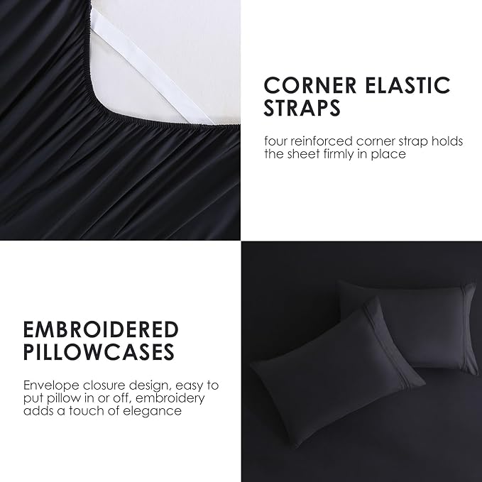 JSD Black King Sheet Set with Side Pocket Corner Straps, 4 Piece Soft Microfiber Bed Sheets Extra Deep Pocket