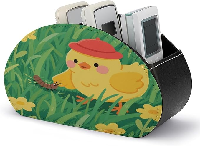Yellow Chick in Grass Remote Control Holder Organizer Box with 5 Compartment PU Leather Bedside Storage Caddy Remote Organizer for Controller Media Player Pen/Pencil Storage