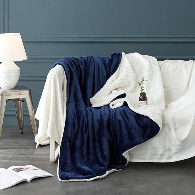 LBRO2M Sherpa Fleece Bed Blanket Queen Size Super Soft Fuzzy Plush Warm Cozy Fluffy Microfiber Couch Throw Velvet Double Reversible Luxurious Blankets,Navy Blue