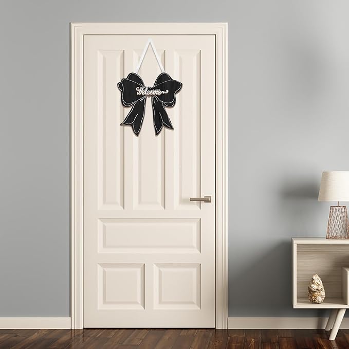 Black Bow Decor Hanging Sign Cute Coquette Bow Decoration Double-sidedWooden Bowknot Welcome Door Sign for Preppy Room Wall Home Bedroom Fall Halloween Indoor Outdoor Porch