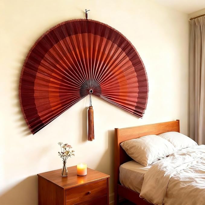 ChumDecor Bamboo Fan Wall Decor,Japanese Chinese Wall Fans Decor, Boho Hanging Headboard,Decorative Folding Fan for Over Bed Decorations (Terracotta, 40inch)