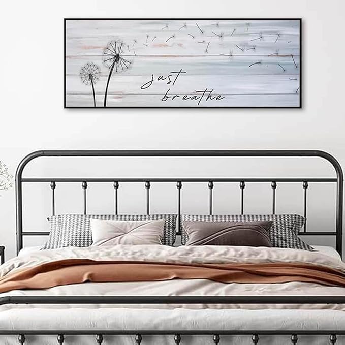 Modern Farmhouse Wall Decor - Just Breathe Dandelion Canvas Prints Wall Art Above Bed Wall Decor Bedroom Decor Wall Farmhouse Decor Vintage Decor Bedroom Bathroom Office(Black Wooden Frame) 46x19inch