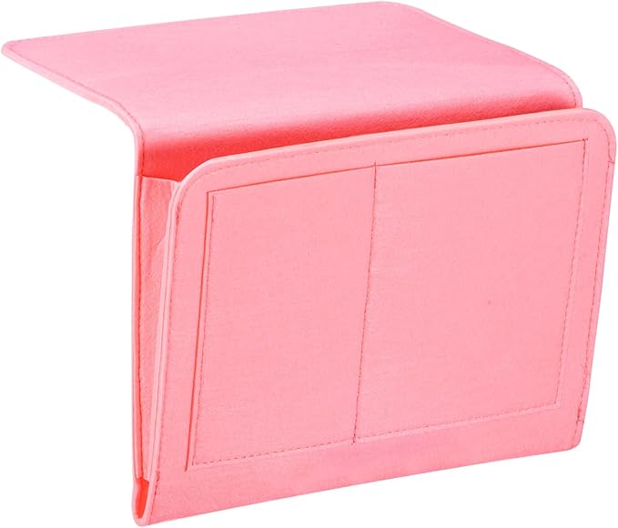 PATIKIL 11in Bedside Caddy, Bed Caddy Bedside Organizer Hanging Soft Felt 5 Pockets Bed Pockets Bedside Storage Organizer Remote Control Holder for Bedroom Phones Glasses, Pink